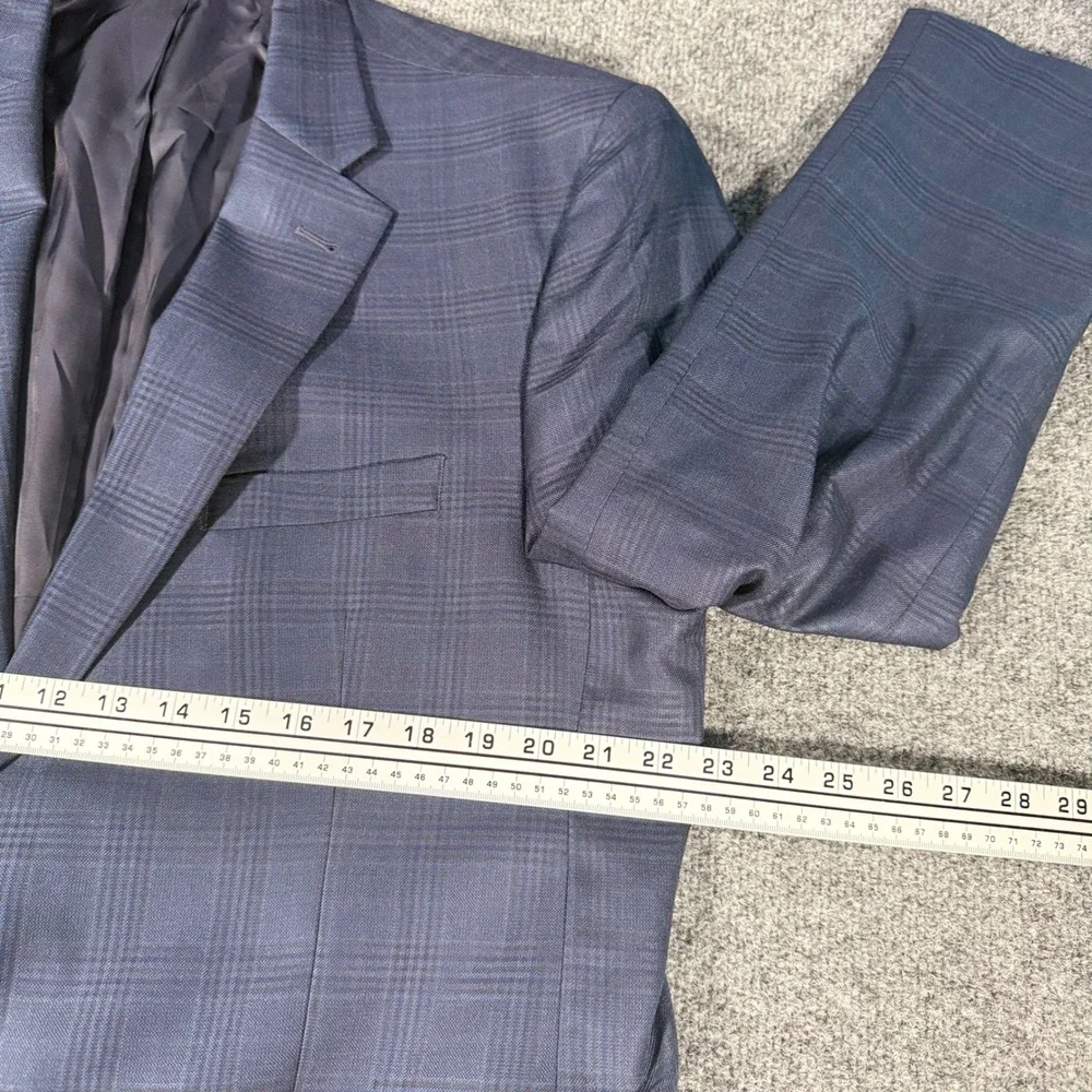 Jos A Bank Signature Blazer Silk Wool Plaid Sport Coat 46R Navy Blue Mens Jacket
